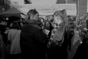 East End Sisters banner drop in Brick Lane against Hopetown hostel closure