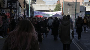 East End Sisters banner drop in Brick Lane against Hopetown hostel closure