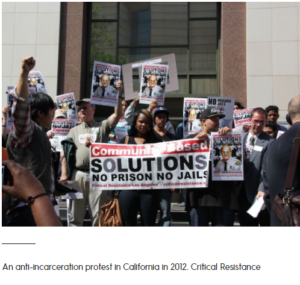 Photo of a protest where people hold placards and a banner that reads, 'Community-Based Solutions No Prison No Jails' with a caption below it that reads 'An anti-incarceration protest in California in 2021. Critical Resistance'