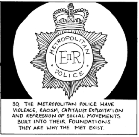 Black and white line drawing of a London Met badge on a white circle with a black background (8 point star with E II R in the middle, Metropolitan Police around the outside, and a crown) on a white circle with a black background